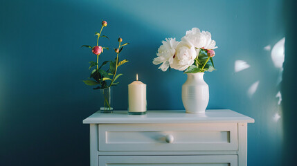 Stylish white chest of drawers with peonies flowers