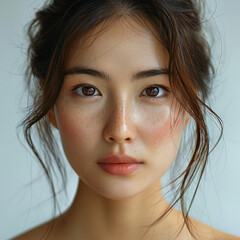 Beautiful female Asian beauty care models face front close up. Calm relaxed young Korean woman with soft clean perfect skin looking at camera
