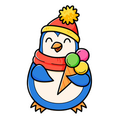 Cute penguin with ice cream character in cartoon style. isolated on white illustration.