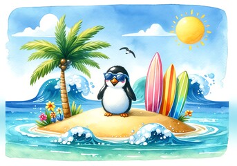 Naklejka premium Watercolor painting of a Penguin wearing sunglasses on a beach