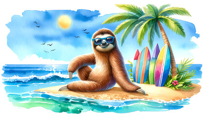 Fototapeta premium Watercolor painting of a Sloth wearing sunglasses on a beach