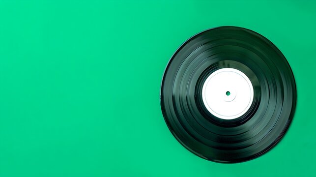 Classic vinyl record on vibrant green background. Minimalist design, perfect for music enthusiasts. Ideal for retro-themed projects and decorations. AI