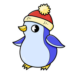 Cute penguin in a hat with a pompom character in cartoon style. isolated on white illustration.