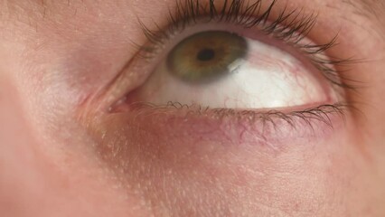 Man eyes and vision focus, eyesight and awareness. Closeup portrait face macro, optometry test and awake perception of human anatomy. Male with vision problems, nearsightedness, eyelids inflammation