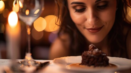 A woman is smiling as she smells a piece of chocolate cake on a plate. The dessert is a delicious baked good, perfect for a birthday celebration AIG50