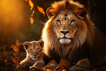 A lion and its cub, both looking at the camera with warm sunlight illuminating them. Generative AI