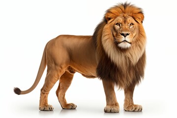 full body photo of a lion standing Isolated on white background, looking at camera. Generative AI