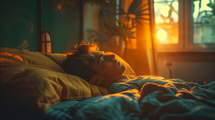 Depicted either waking up in the morning or struggling to fall asleep