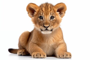 lion cub sitting pose isolated on white background. Generative AI