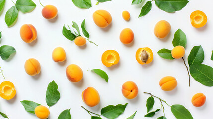 Sweet apricots and leaves on white background