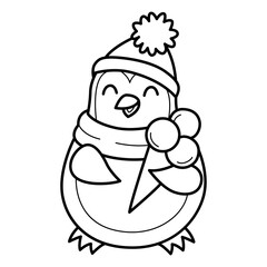 Penguin with ice cream coloring book for kids. Coloring page. Monochrome black and white illustration. children's illustration.