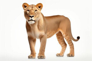 full body lioness standing isolated on white background. Generative AI