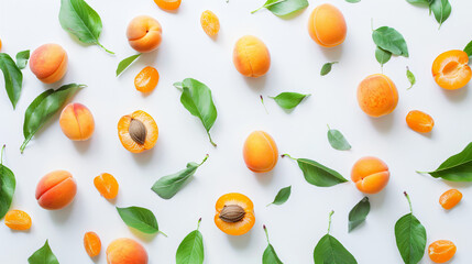 Sweet apricots and leaves on white background