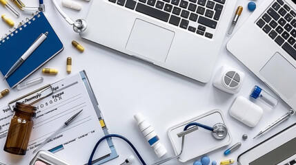 A desk with a laptop, a bottle of pills, a pen, and a stethoscope