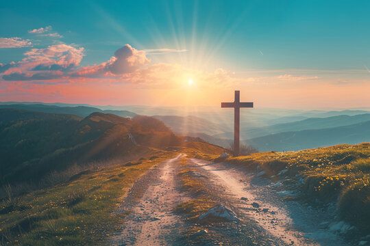 religion background, christian cross on the mountain road over sunset sky