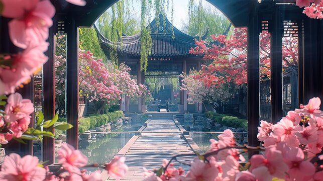 A Chinese-style courtyard filled with blooming peach blossoms. There is a round courtyard gate. Generative AI. - Powered by Adobe