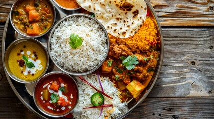 An overhead shot of a traditional thali plate, brimming with assorted Indian curries, rice, and crispy papadums.