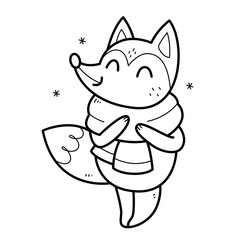Fox with a scarf coloring book for kids. Coloring page. Monochrome black and white illustration. children's illustration.