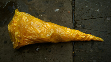 A yellow plastic bag with a cone shape on the ground