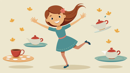 A young girl bounced up and down as she discovered a vintage tea set excited to host her own tea party with her friends.. Vector illustration