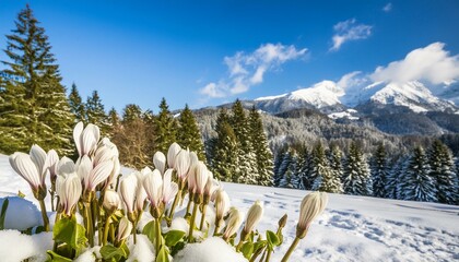 winter season flowers and a snowy forest and mountain landscape with blue sky in background. Generative AI