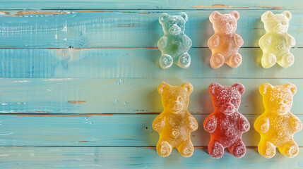 Sweet jelly bears on color wooden background