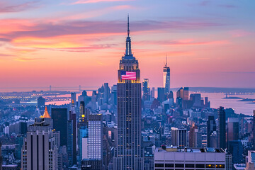 city view with skyscrappers and american flag