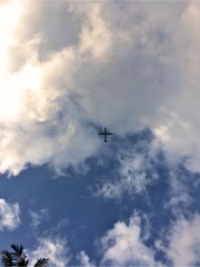 Flying plane high in the cloudy sky