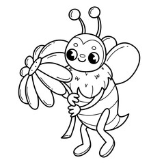 Fototapeta premium Bee with flower coloring book for kids. Coloring page with bee. Monochrome black and white illustration. children's illustration.