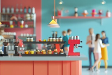 A group of people are standing behind a counter with a variety of drinks in cartoon model style