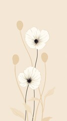 A minimalist drawing of white and cream colored flowers on a beige background.