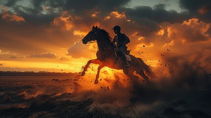 A full-length shot of an old warhorse jumping at sunset, a young man riding on a horse, a cloudy sky in a dark atmosphere, a dark color combination of dust particles. Generative AI.