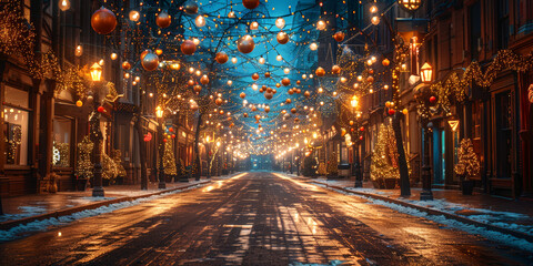 Enchanted Christmas street adorned with shimmering lights and snow, ideal for holiday and celebration themes.