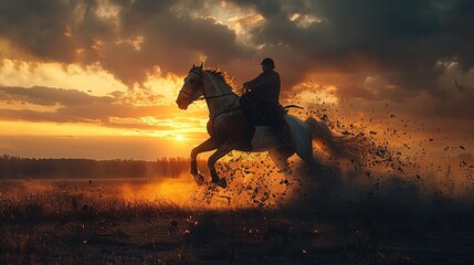 A full-length shot of an old warhorse jumping at sunset, a young man riding on a horse, a cloudy sky in a dark atmosphere, a dark color combination of dust particles. Generative AI.