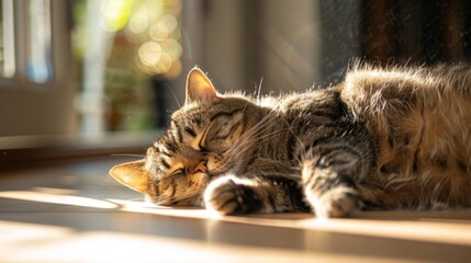 An overweight cat napping in a sunbeam, its round belly rising and falling with each peaceful breath.