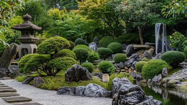  Serene 3D animation of a Japanese Buddhist zen garden with stones and sand, emphasizing emotional and psychological balance, mindfulness, and wellness. Ideal for content on tranquility and health