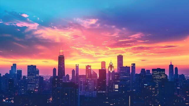 A painting of a city skyline at sunset 
