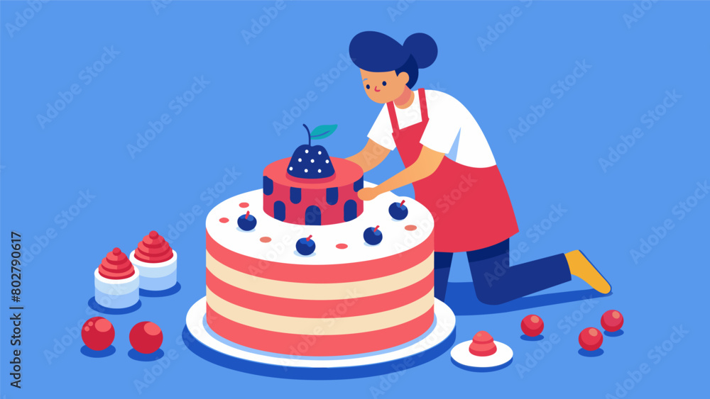 Poster a baker uses a combination of frosting and fresh fruit to create a red and white striped design on t