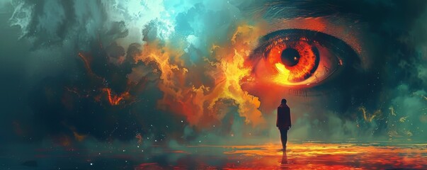 A lonely figure stands in a surreal landscape, a giant eye watches over them.