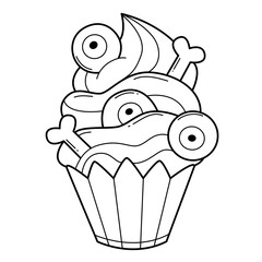 Spooky cupcake with eyes and bones coloring book for kids. Halloween cupcake coloring page. Monochrome black and white illustration. children's illustration.