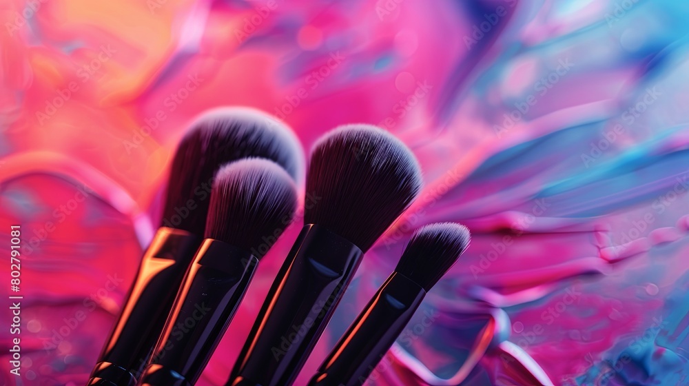 Aufkleber a cluster of various makeup brushes up close, showcasing different shapes and sizes against a colorf