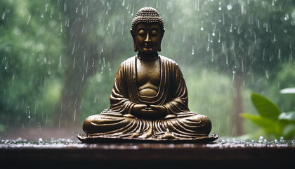 Buddha statue sitting in meditation with rain and forest in the background
