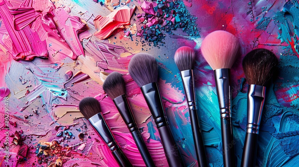 Aufkleber several makeup brushes of different shapes and sizes placed neatly on top of a table. generative ai