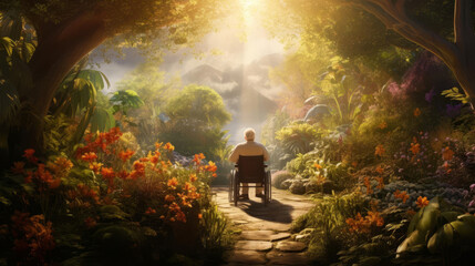 Senior man in a wheelchair being pushed by a nurse through a lush garden, peaceful expressions