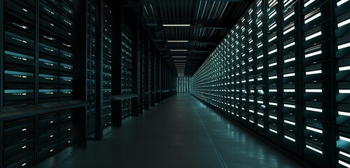 A silent, high-security data archive with rows of data tapes and SSDs glowing in the dark, storing...