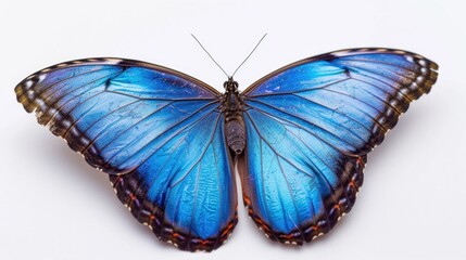 A beautiful blue butterfly resting on a white surface. Suitable for nature or spring-themed designs