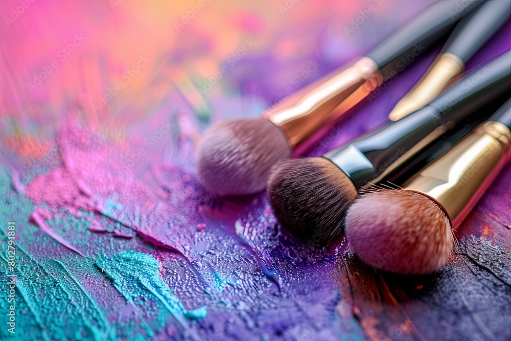 Poster three makeup brushes of different sizes and shapes are neatly arranged on a table, ready for use in 