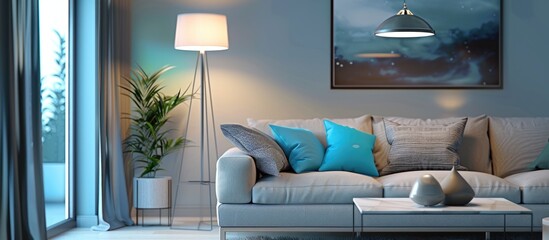 Stylish gray lamp in a large, modern living room accented with blue.