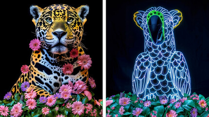 Brazilian fauna and flora, two characters, a jaguar and a blue macaw covered in flowers .