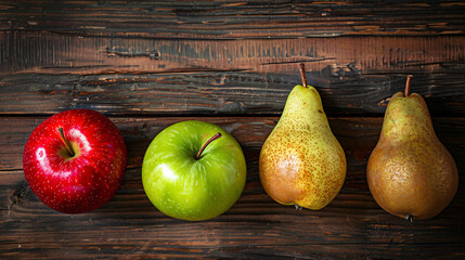 Tasty apple and pear fruits on wooden background